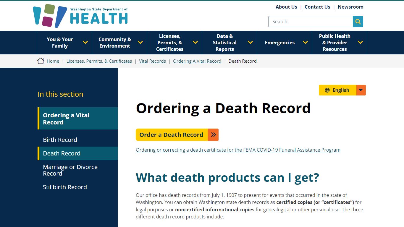 Ordering a Death Record | Washington State Department of Health
